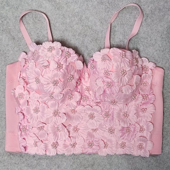 Y2K Pink Floral and Pearl Beaded Crop Cami Corsette Top - NEW - Picture 3 of 7